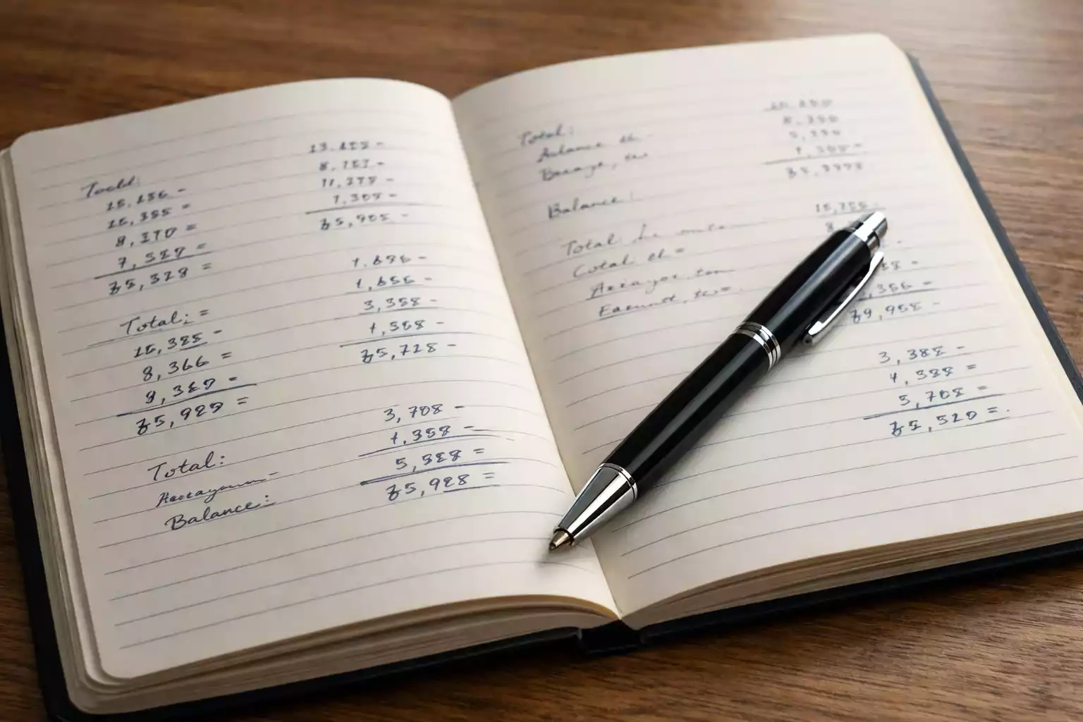 Offenes Notizbuch mit handschriftlichen Berechnungen und Stift auf Holztisch