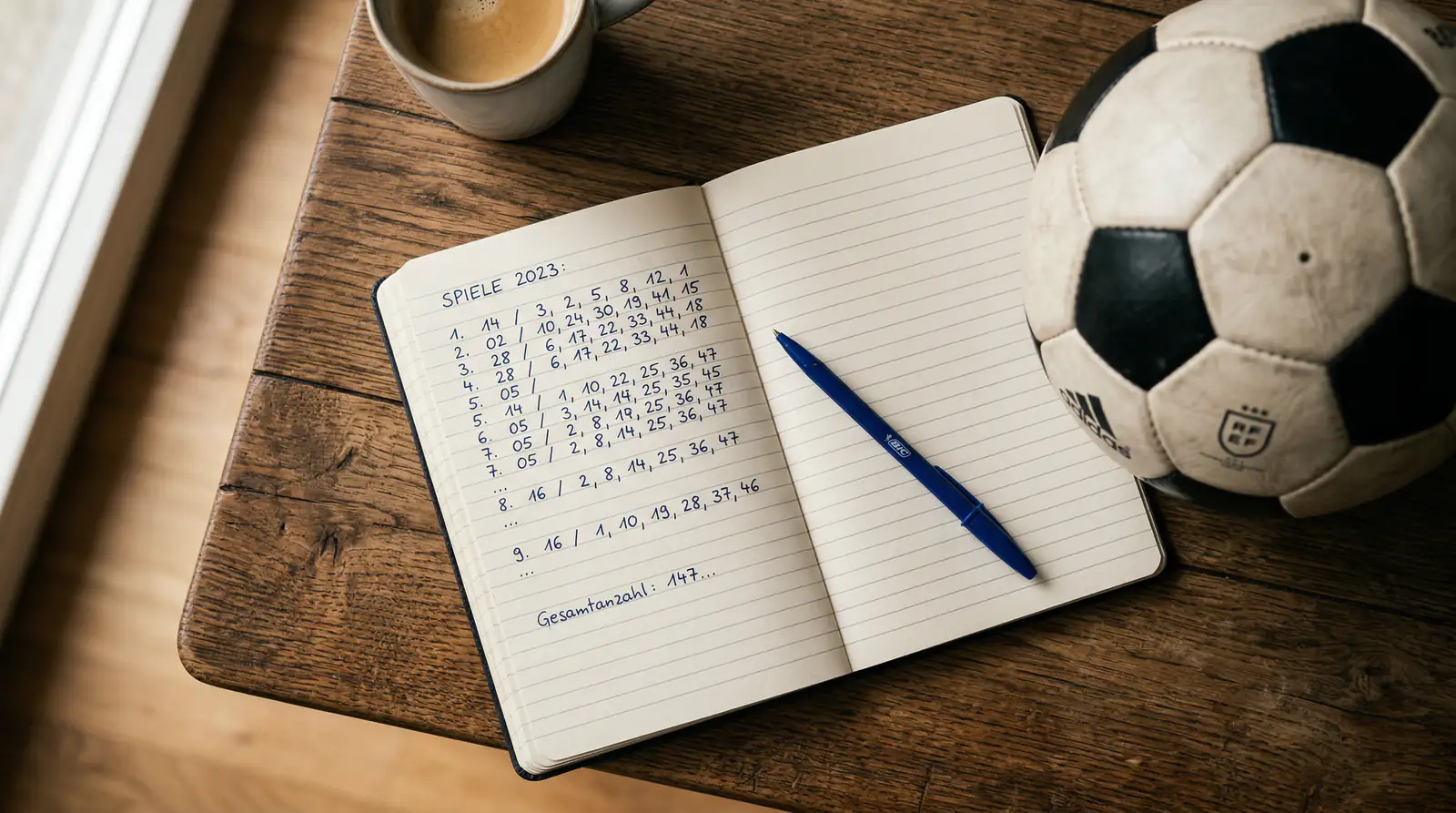 Notizbuch mit handgeschriebener Einsatzplanung neben einem Fußball auf einem Holztisch