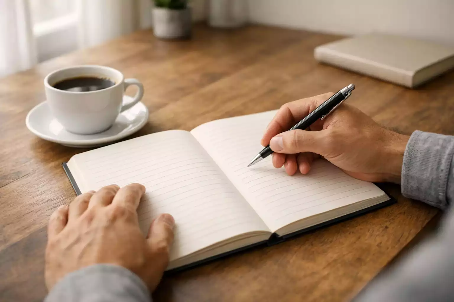 Person trifft eine Entscheidung mit Notizblock und Stift