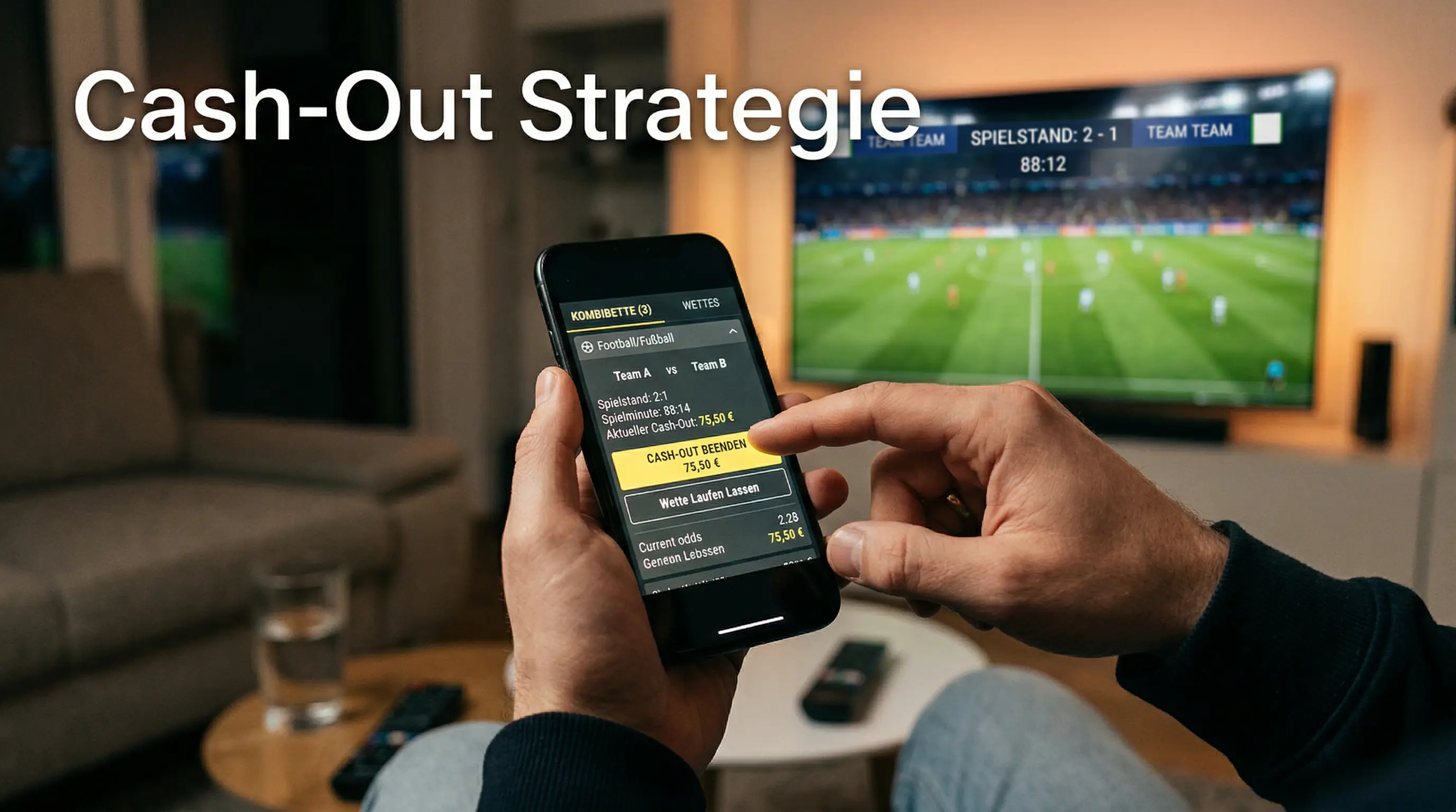 Hand über einem Smartphone mit Wett-App – Cash-Out Entscheidung beim Sportwetten