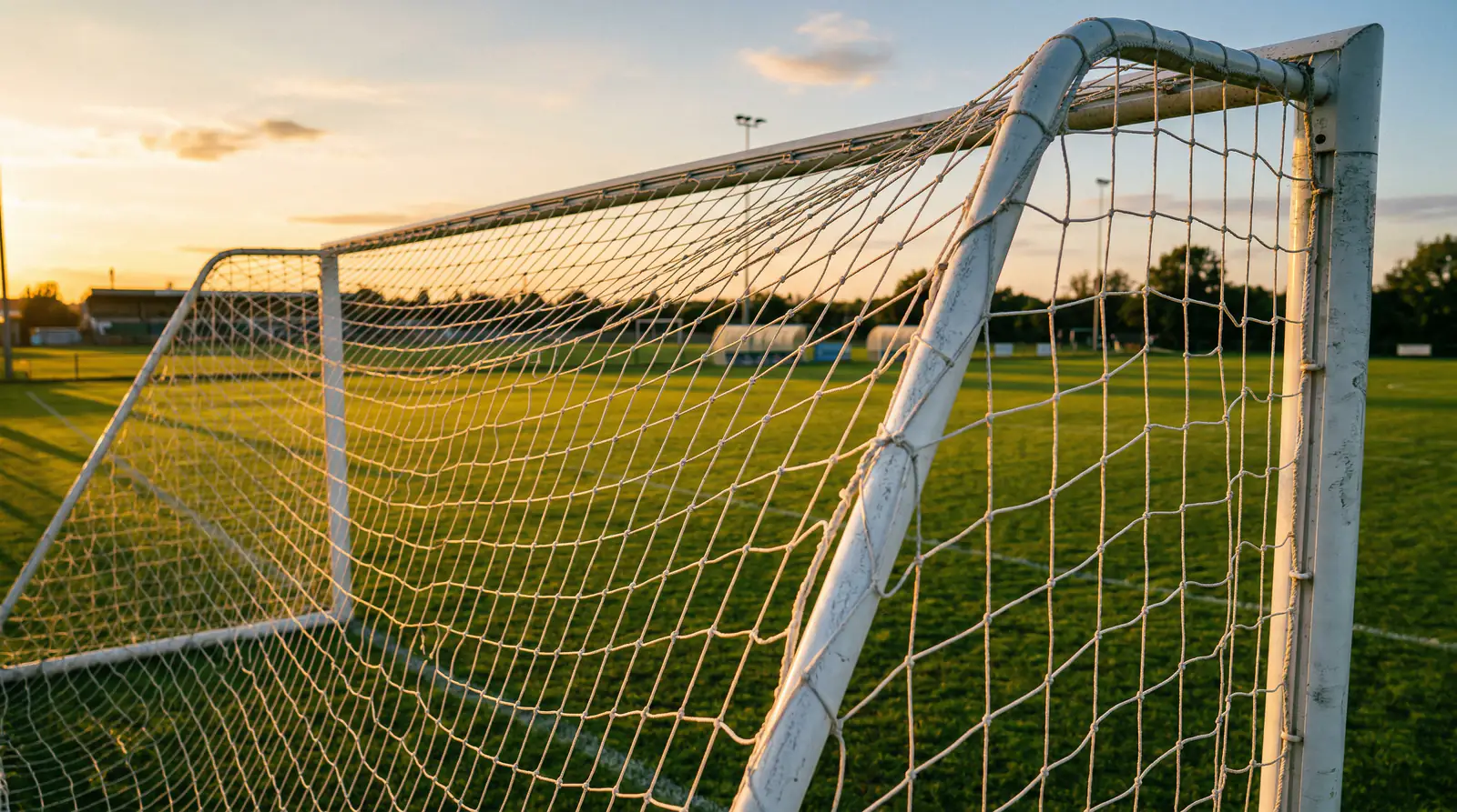 Fußballtor mit Netz aus Nahaufnahme auf einem gepflegten Rasenplatz bei Abendsonne