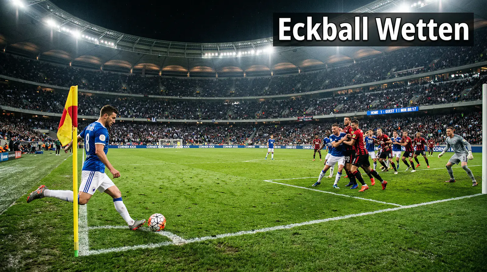 Eckballsituation im Fußballstadion – Spieler positionieren sich im Strafraum