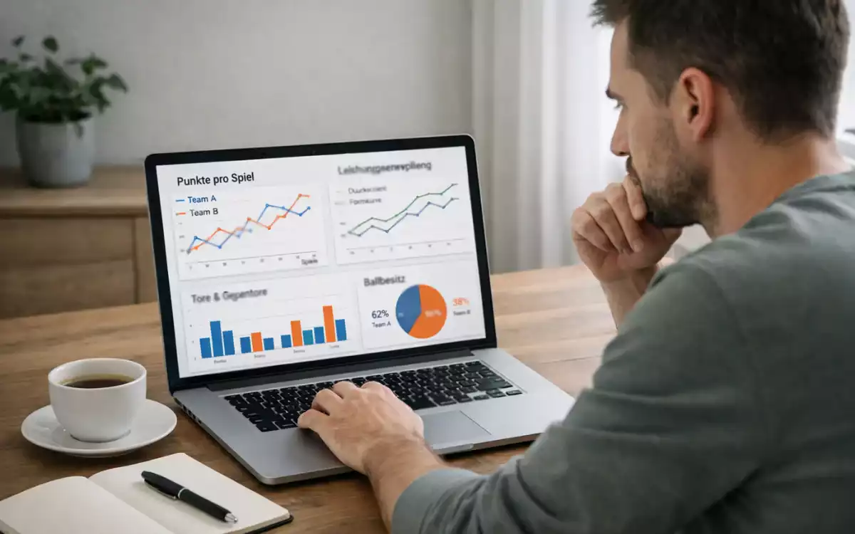 Person analysiert Sportstatistiken am Laptop