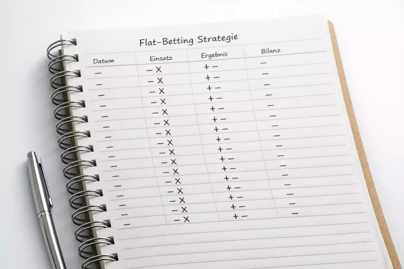 Notizbuch mit gleichmäßigen Wetteinträgen auf einem Schreibtisch – Flat Betting