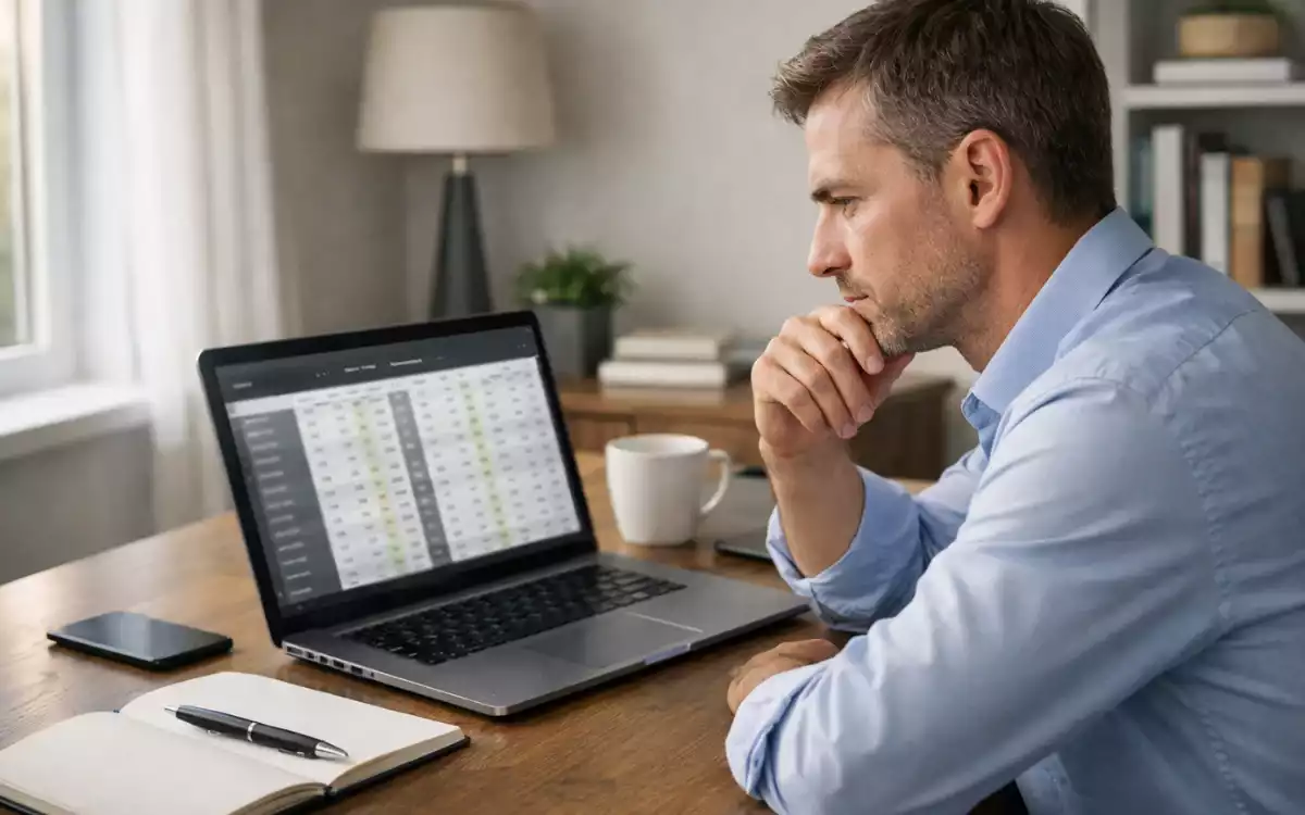 Sportanalyst studiert Fußball-Spielstatistiken am Laptop
