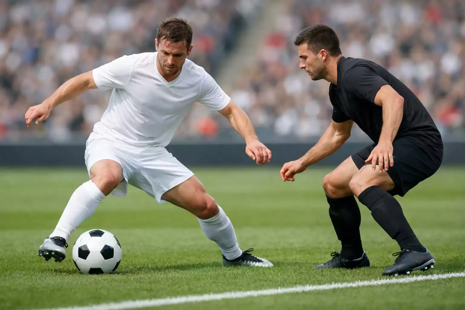 Fu&szlig;ballspieler in Aktion auf gr&uuml;nem Rasen