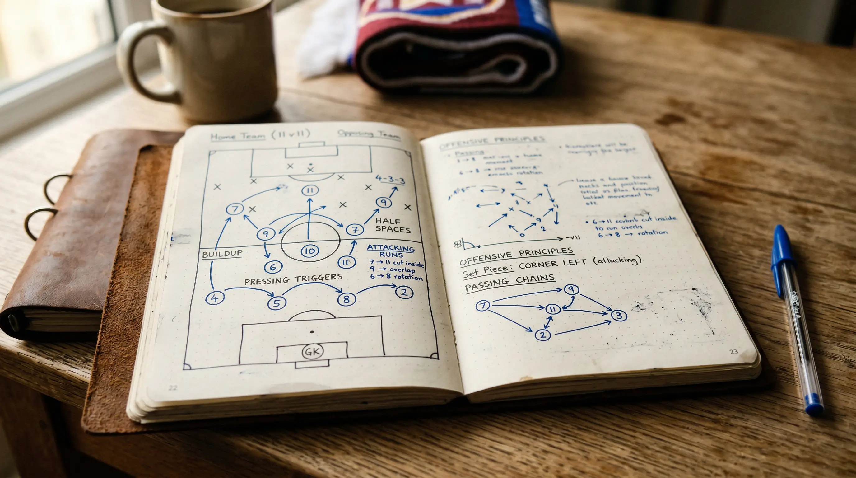 Aufgeschlagenes Notizbuch mit handgezeichneten Fußball-Taktikskizzen auf einem Holztisch