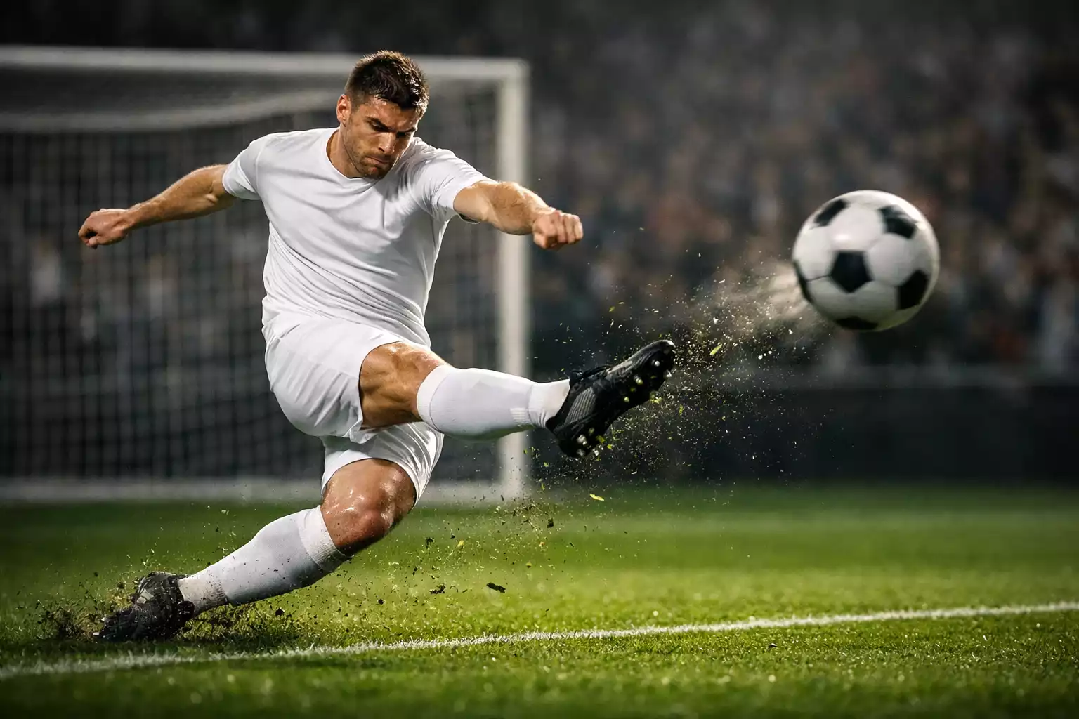 Fußballspieler beim Torschuss im Stadion