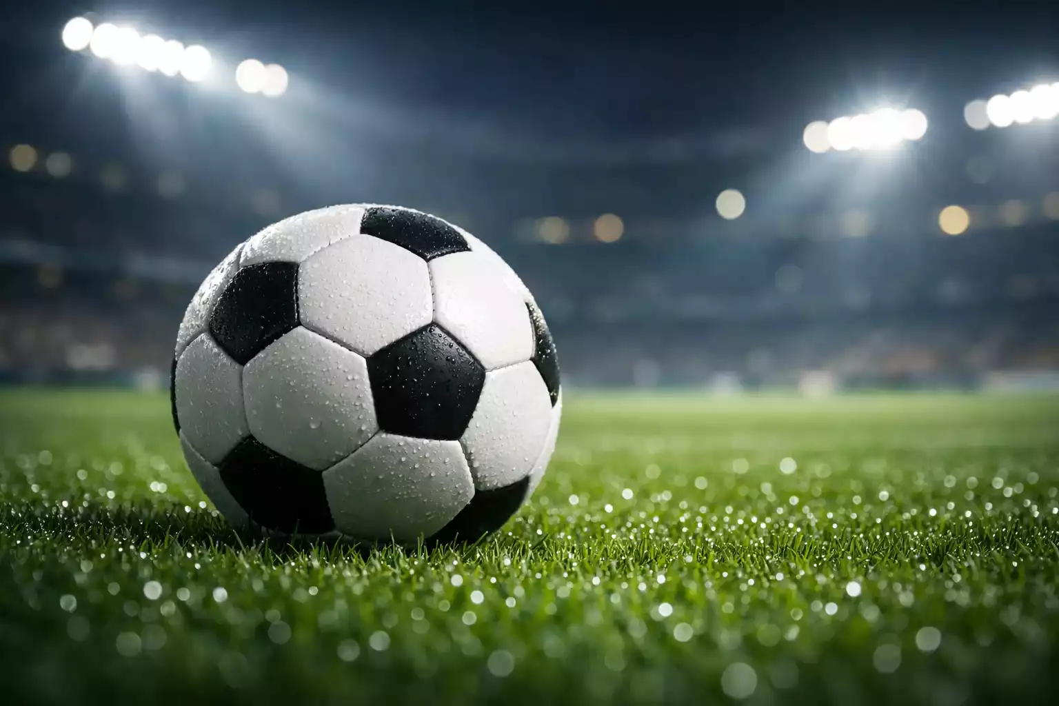 Fußball auf grünem Rasen vor Stadionhintergrund