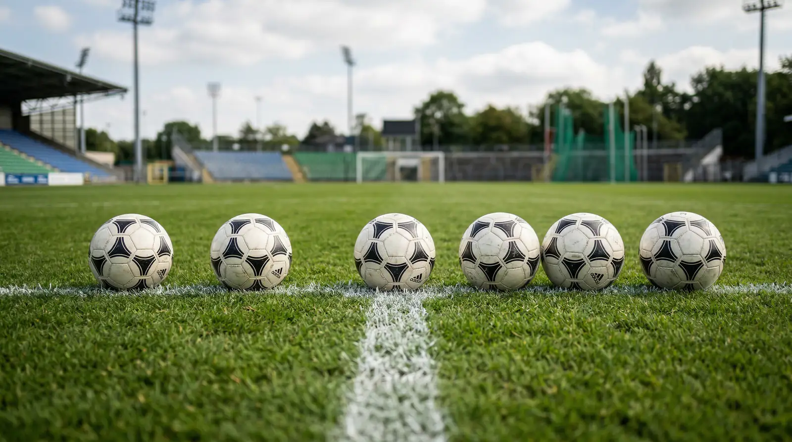 Mehrere Fußbälle aufgereiht auf einer Rasenlinie im Trainingsstadion bei Tageslicht