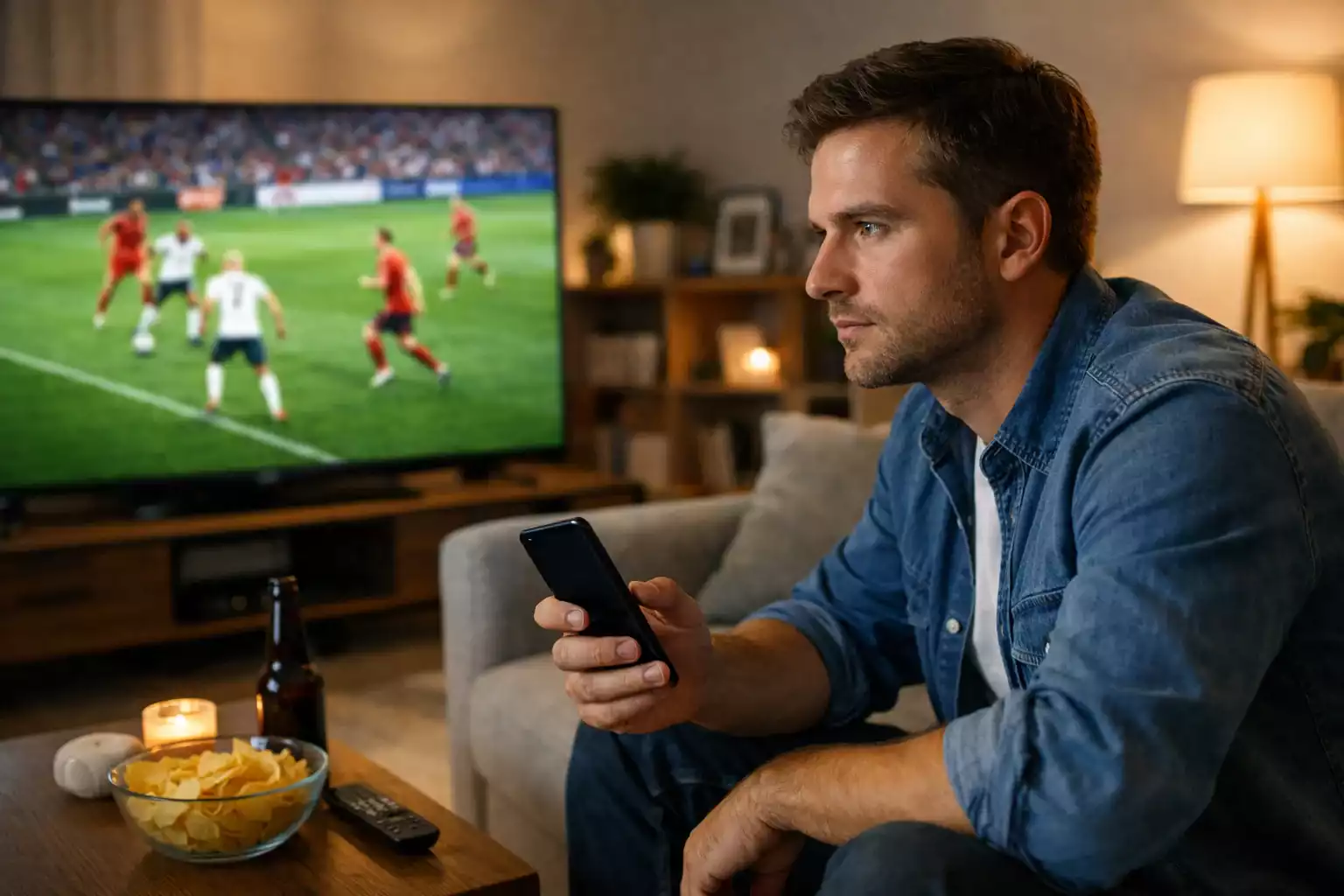 Mann analysiert Fu&szlig;ballspiel konzentriert auf dem Bildschirm