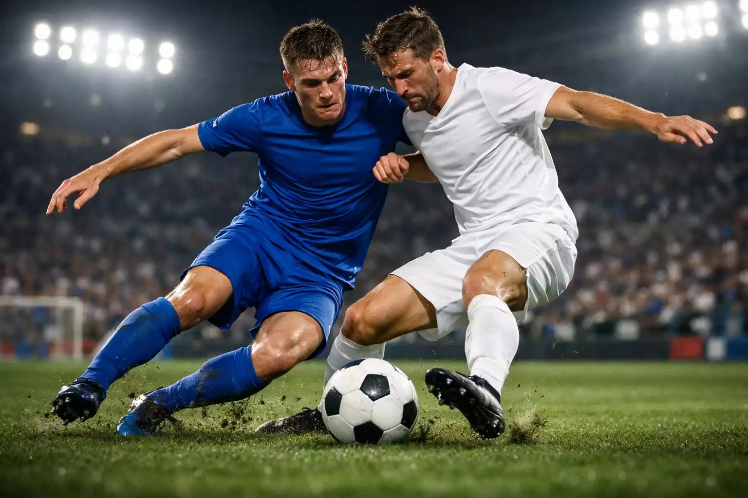 Fußballspiel auf dem Rasen mit Spielern in Aktion bei Flutlicht
