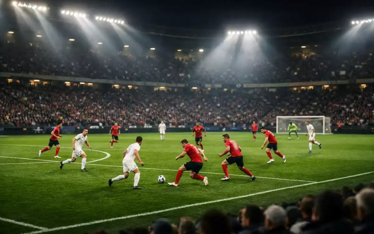 Fußballstadion mit Flutlicht während eines Abendspiels
