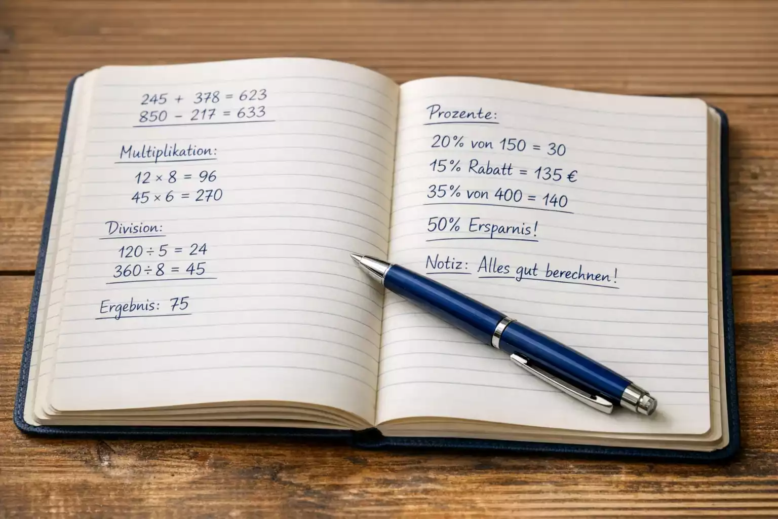 Notizbuch mit handschriftlichen Berechnungen und Stift