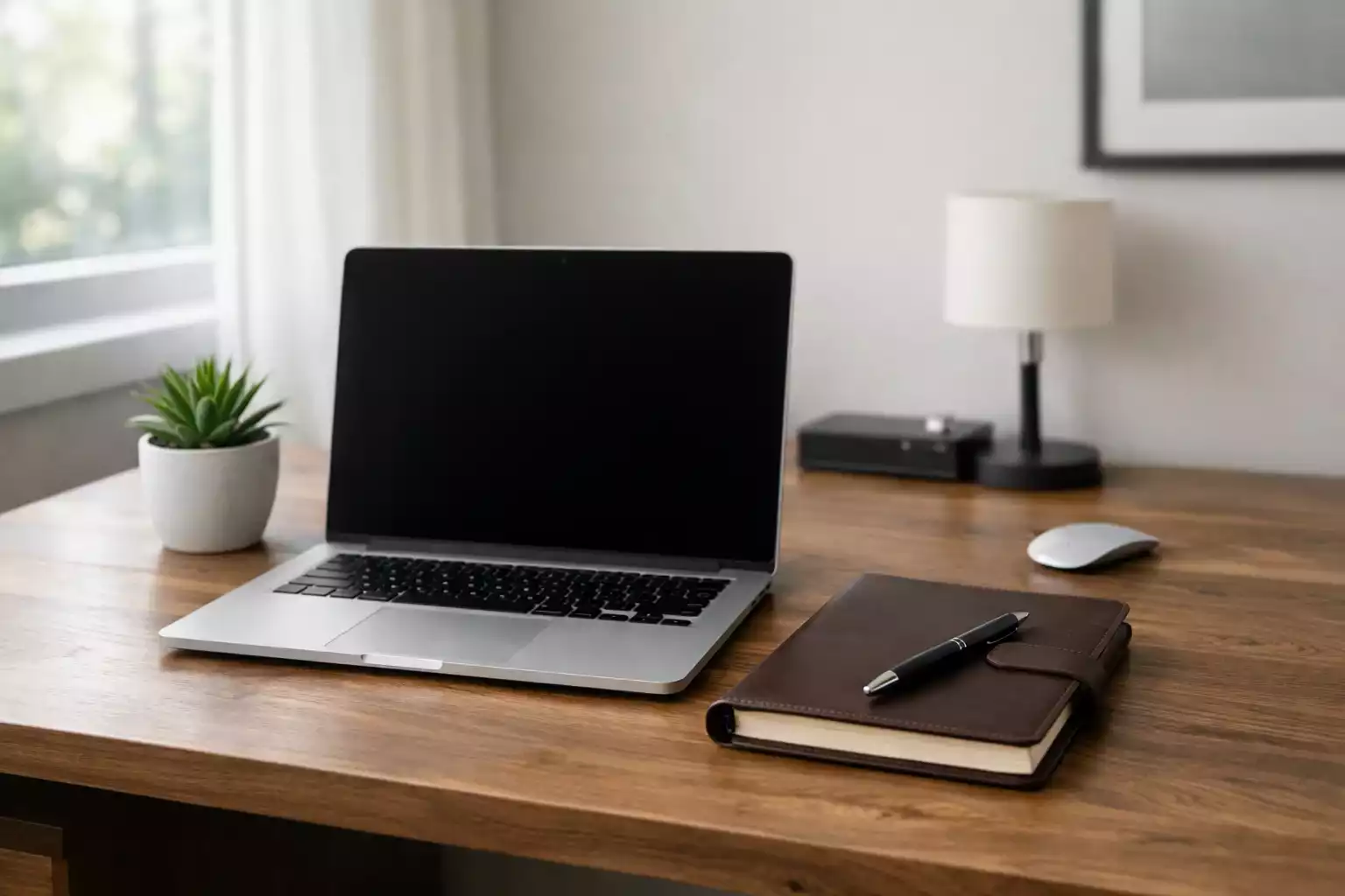 Ordentlicher Schreibtisch mit Laptop und Notizbuch f&uuml;r Planung