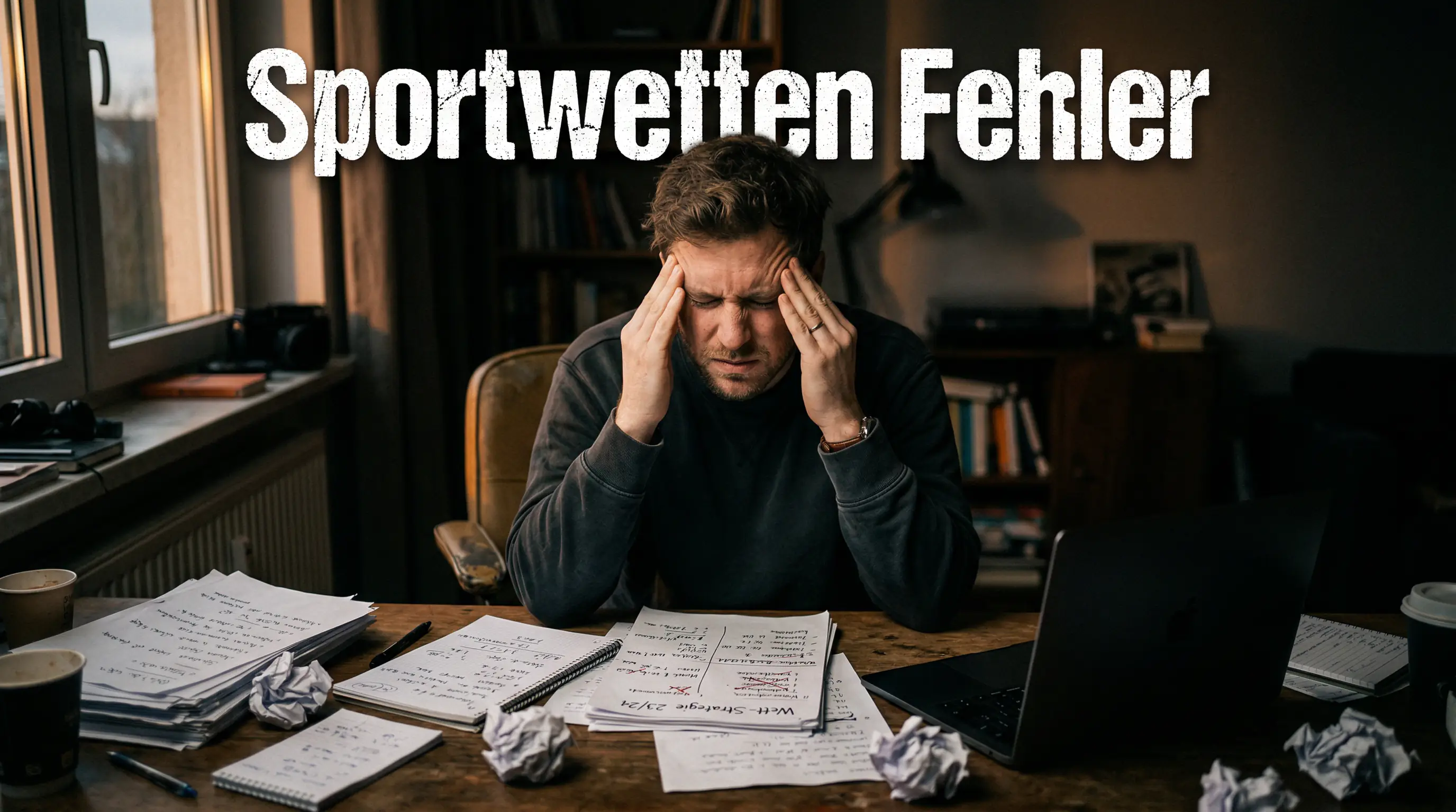 Frustrierter Mann am Schreibtisch mit Notizen – typische Sportwetten Fehler vermeiden