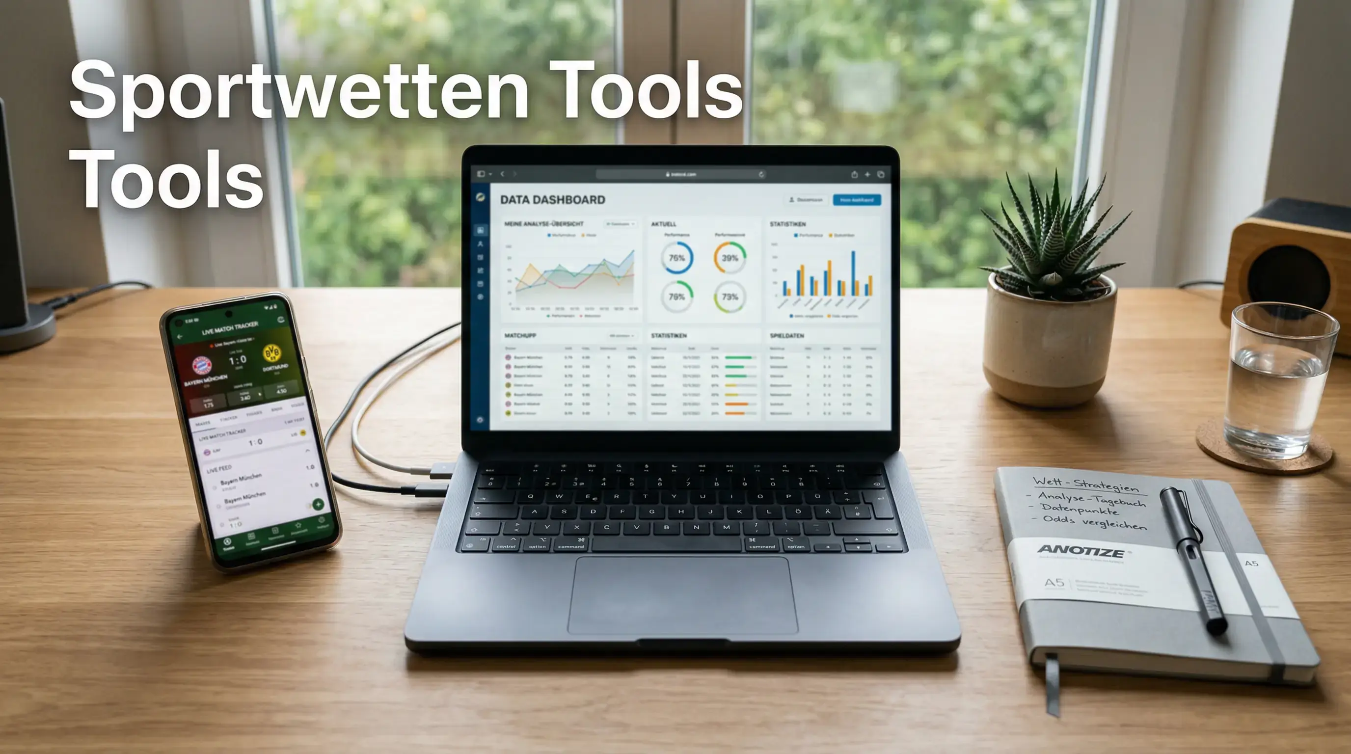 Schreibtisch mit Laptop, Smartphone und Notizbuch – Sportwetten Tools und Workflow