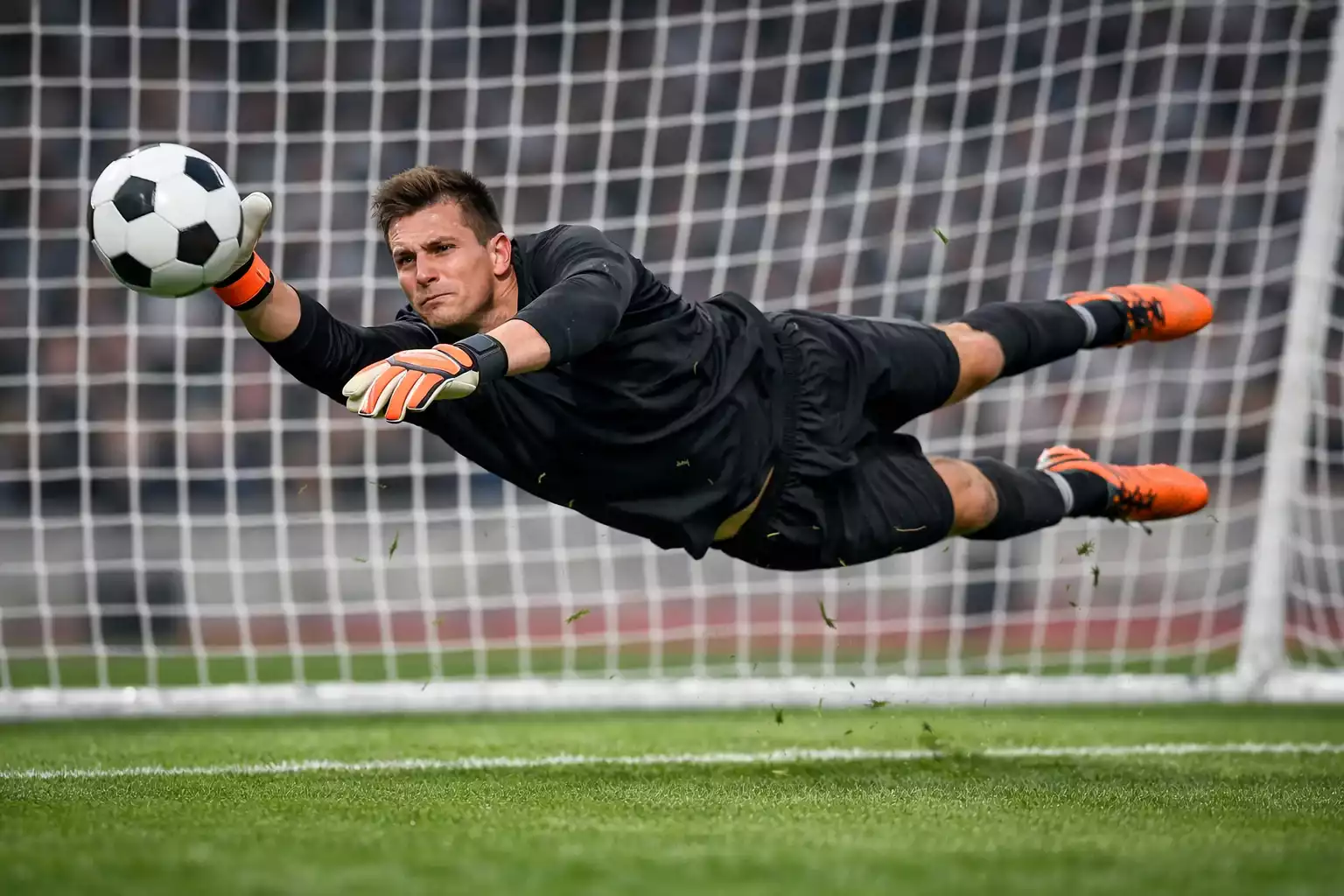 Torwart h&auml;lt Ball w&auml;hrend eines Fu&szlig;ballspiels