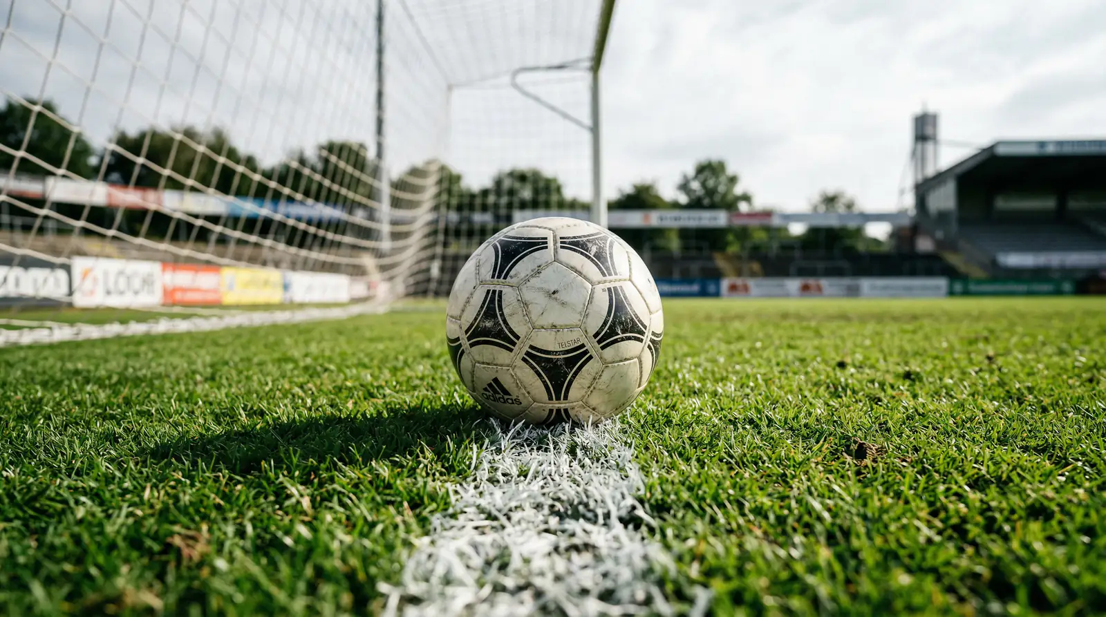 Fußball liegt auf der Torlinie eines Fußballplatzes mit Tornetz im Hintergrund