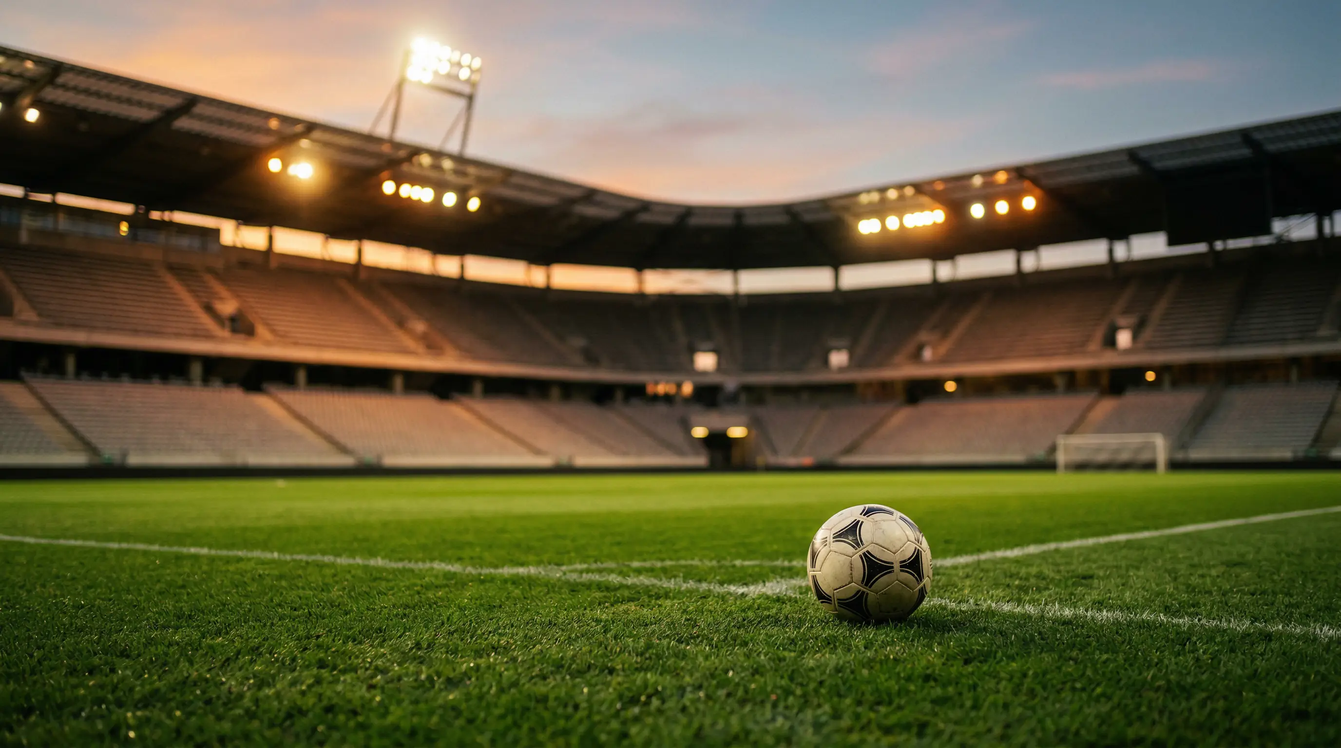 Fußballspieler auf grünem Rasen mit Stadionbeleuchtung bei Abendspiel