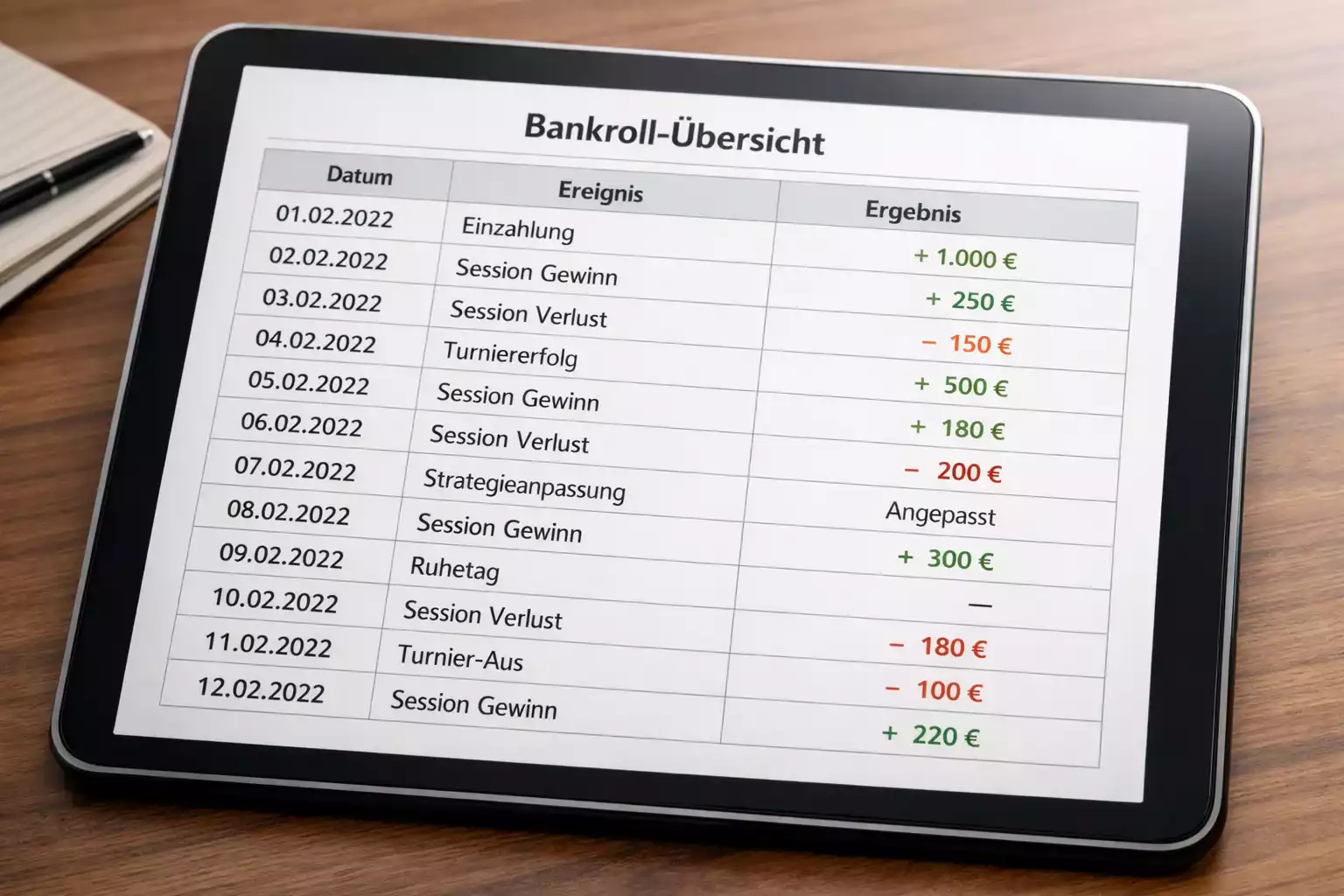 Wett-Dokumentation in einer Tabelle