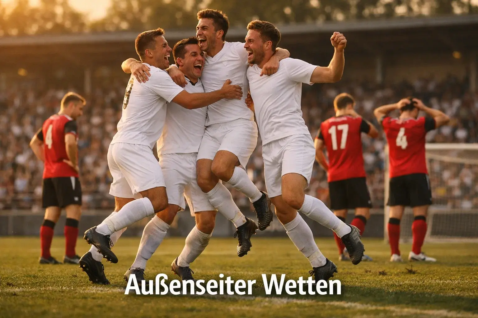 Jubelnde Fußballmannschaft nach einem Überraschungssieg – Außenseiter Wetten