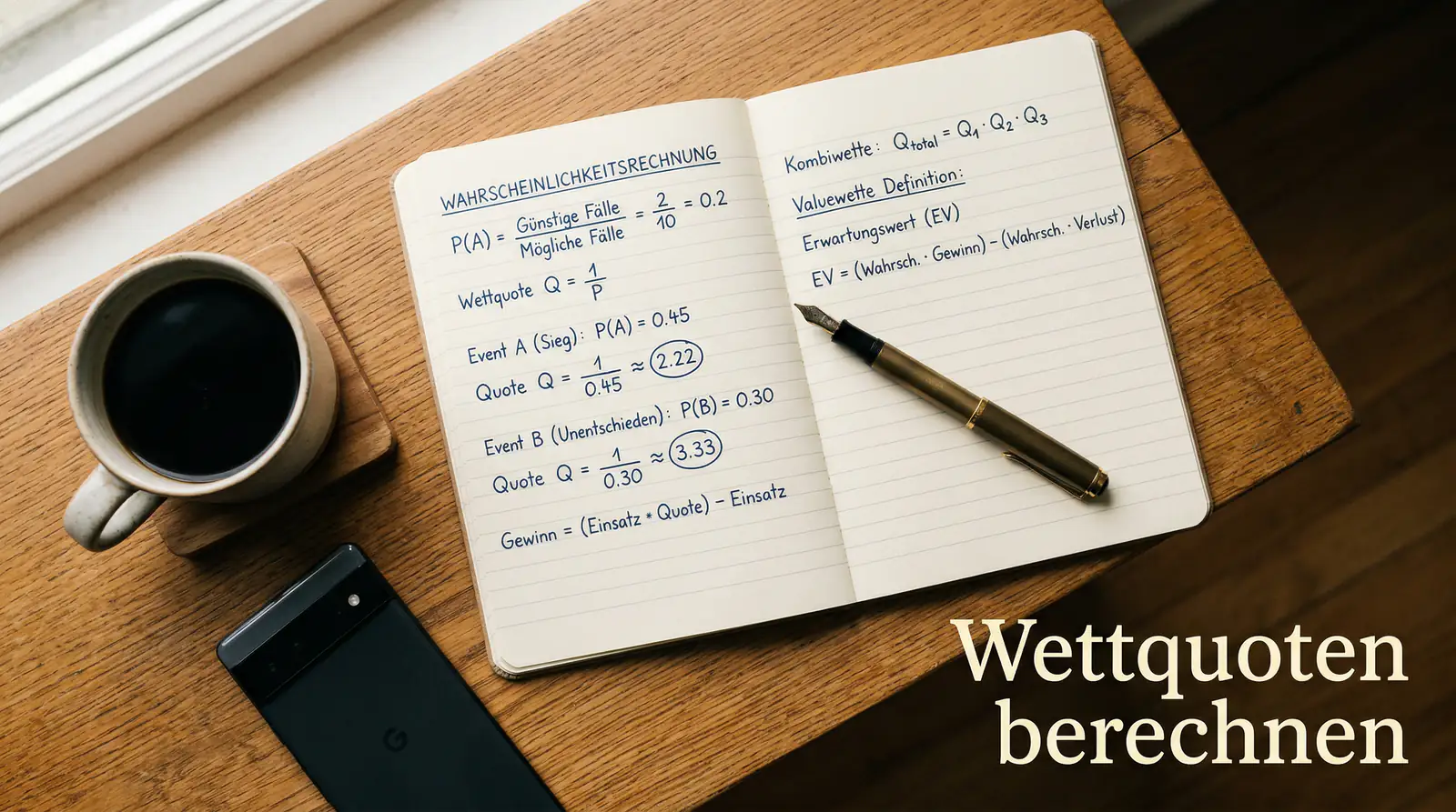 Notizbuch mit Wahrscheinlichkeitsberechnungen und Stift – Wettquoten verstehen